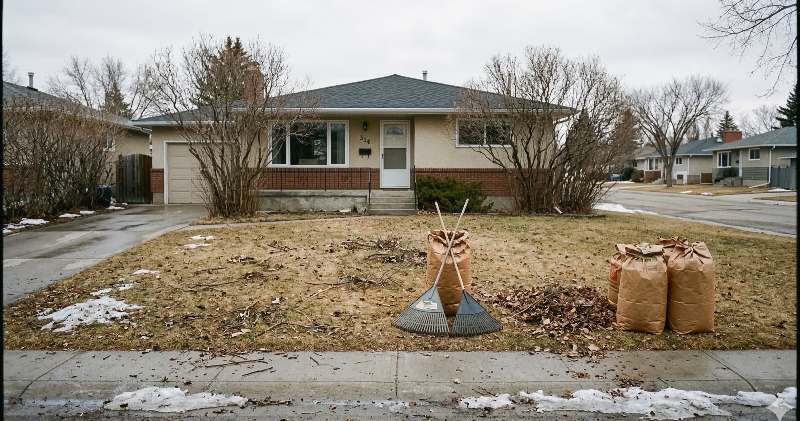 Early spring yard cleanup in progress